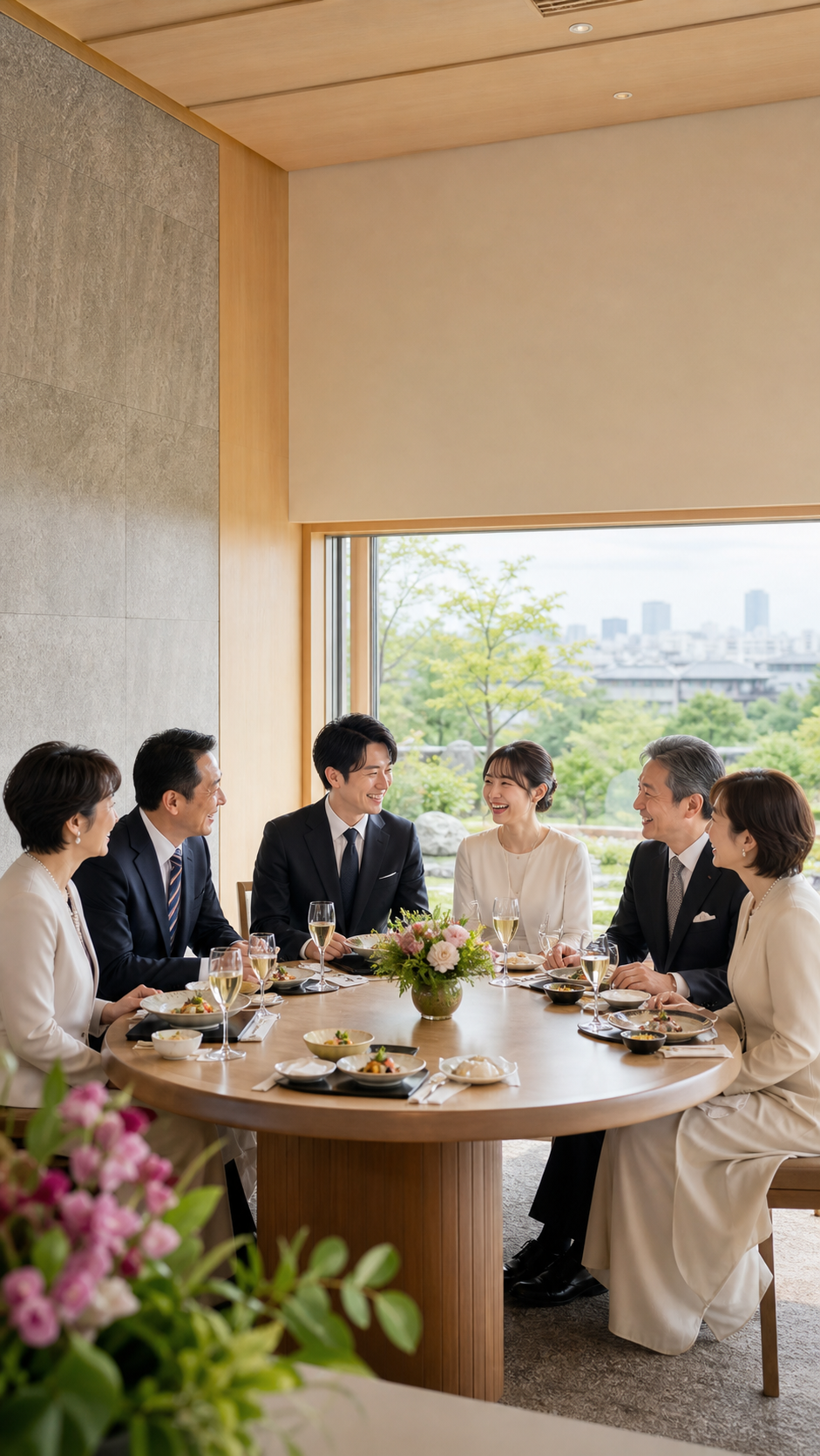 明るい個室で、ご両家がテーブルを囲んで顔合わせの食事を楽しむイメージ